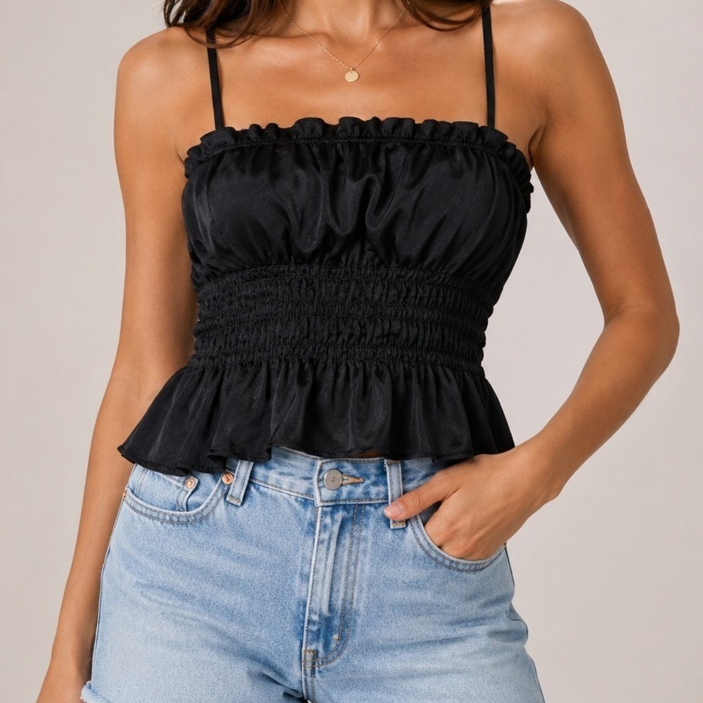 H&M Black Smocked Peplum Cami Top Spaghetti Strap Ruffle Hem Y2K Going Out